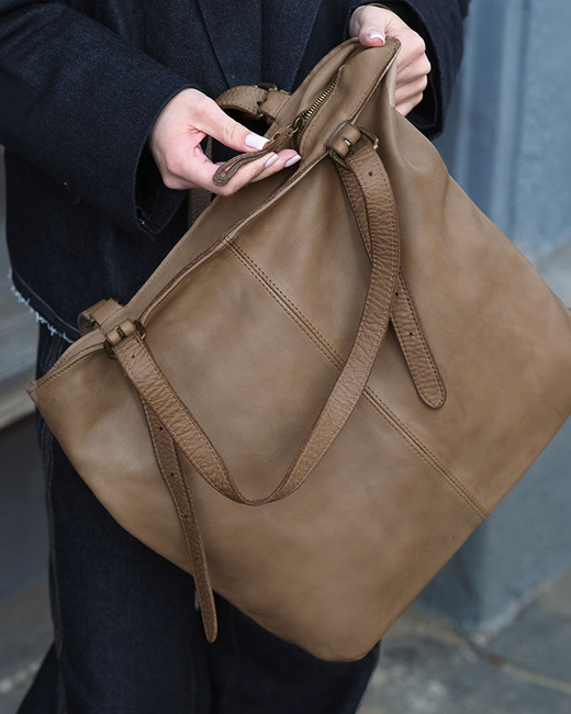 Torebka damska shopper z regulacją rączek skóra old pelle - MARCO MAZZINI beż taupe