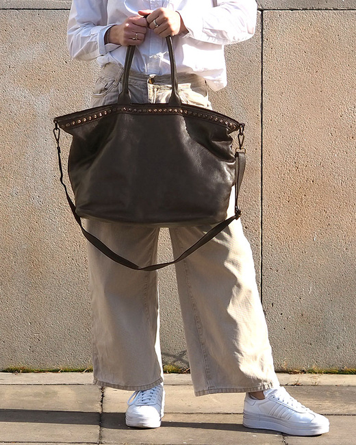 Duża torebka skórzana oversize style shopper bag - MARCO MAZZINI ciemny brąz caffe