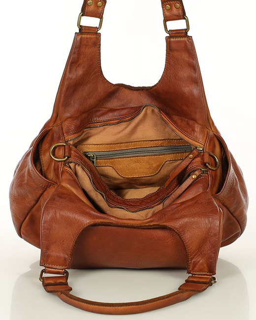 Włoska torebka skórzana z kieszenią z przodu retro bag handmade - MARCO MAZZINI brąz camel