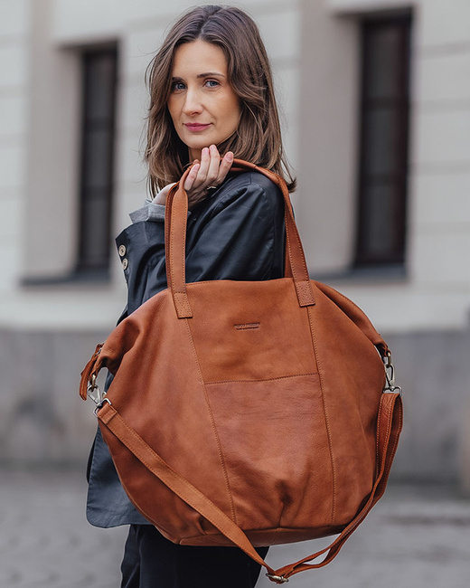 Torba damska skórzana shopper z kieszeniami - It bag MARCO MAZZINI brąz camel