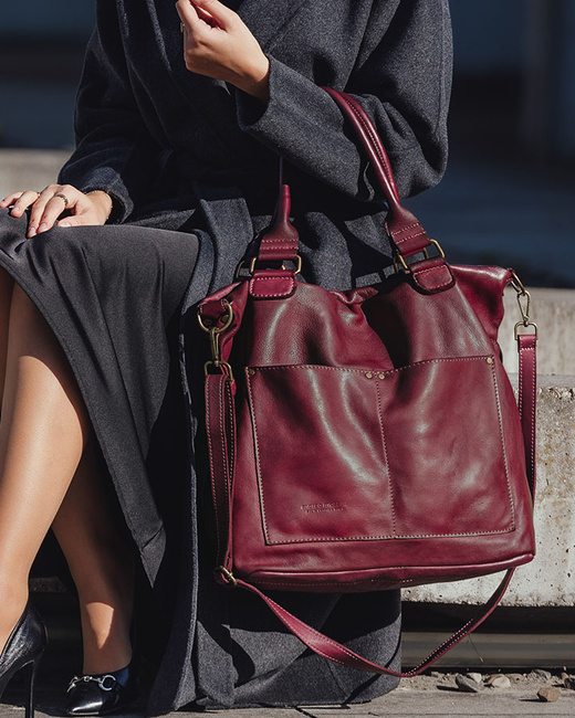 Torebka skórzana XL shopper vintage bag z kieszeniami vera pelle - MARCO MAZZINI burgund